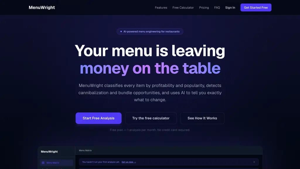 MenuWright landing page with the menu-matrix dashboard: classify every item by profitability and popularity, then act on the AI recommendations